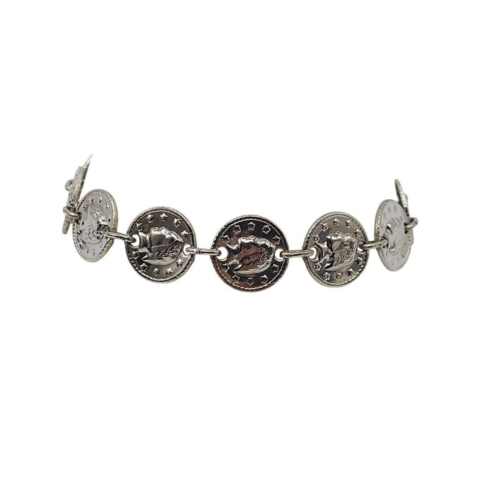 Silver Tone Coin Charm Bracelet With Leaf Embossed Design 7 Inches Lobster Clasp